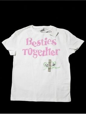 Zara White Tee with Pink "Besties Together" Lettering and Green Heart Faces